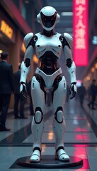 Cybernetic robot standing on a metallic platform, gear, metal