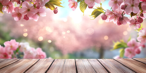 Cherry Blossoms and Wooden Table with a Dreamy Spring Background