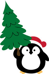 Penguin wearing a Santa hat holding a Christmas tree