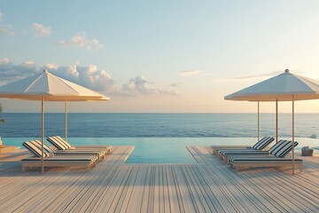 Obraz premium Coastal-inspired pool deck with striped sun loungers and matching umbrellas facing the ocean.