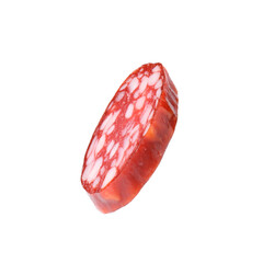 Piece of delicious dry cured sausage isolated on white