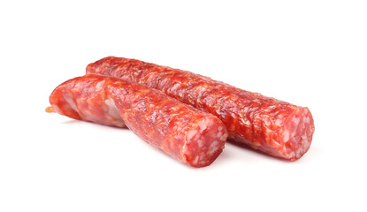 Delicious thin dry cured sausages isolated on white