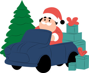 Christmas car with Santa Claus, gift boxes and christmas tree