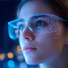 Vision of the Future: A woman gazes intently through augmented reality glasses, her face illuminated by the intricate digital display. A futuristic concept.