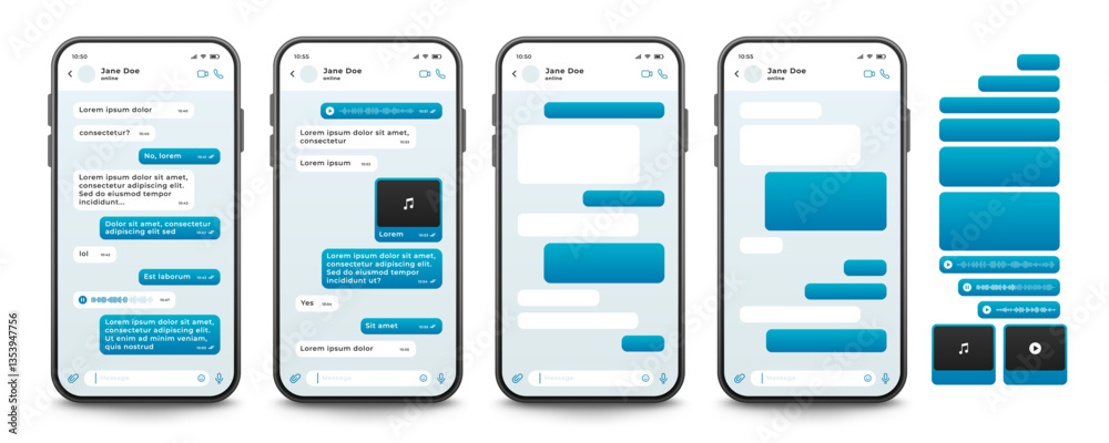 Wall mural set of instant messaging app templates with realistic smartphone, text bubbles, voice messages. ligh