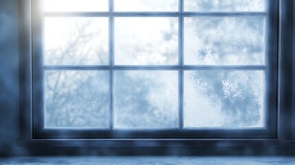 Interior of a living room with a large window overlooking the winter landscape