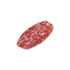 Piece of delicious smoked sausage isolated on white