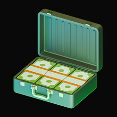 Piles of money in the briefcase. Minimalistic concept. Modern illustration isolated on black background. 3d render