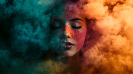 Harmony in Hues: A serene portrait of a woman, her face bisected by vibrant clouds of teal and orange, embodying inner peace and balance.