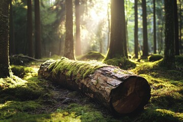Fototapeta premium A moss-covered log in the midst of a forest, suitable for use in environmental or nature-inspired designs