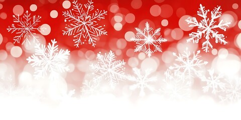 White snowflakes and bokeh effects on a red gradient background