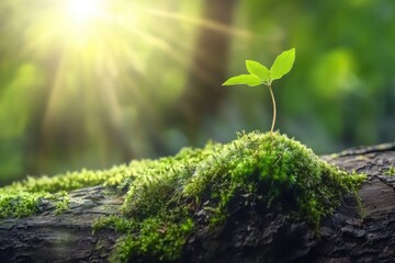 A small plant grows from moss-covered log