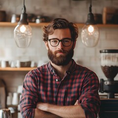 Coffee Shop Owner: A stylish coffee shop owner with a well-groomed beard and glasses stands confidently, his arms crossed, exuding an air of professionalism and approachability.