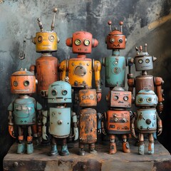 Robotic Companions: A gathering of charming, vintage-inspired robots, showcasing their unique colors and designs against a backdrop of industrial textures.