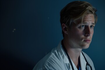 Fototapeta premium Pensive blond man in medical attire gazes off-camera in a blue-toned setting