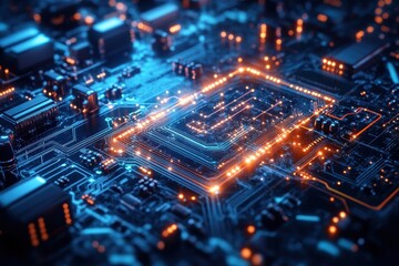 Obraz premium Intricate circuit board with glowing components in a high-tech electronics environment