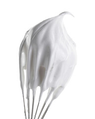 Whisk with delicious cream isolated on white