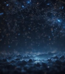 Dark blue night sky with glittering bokeh and sparkles in a magical glow, glitter, starry night