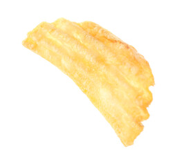 One tasty ridged potato chip in air isolated on white