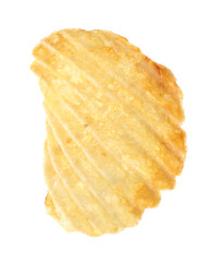 One tasty ridged potato chip in air isolated on white