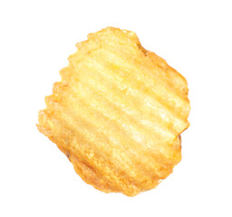 One tasty ridged potato chip in air isolated on white