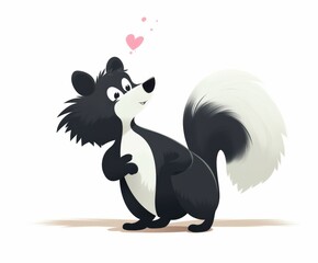 Fototapeta premium Cute Minimalist Cartoon Skunk with Glittery Heart Fart on Pure White Background for Kids Decor, Vector, Isolated, Cut Out