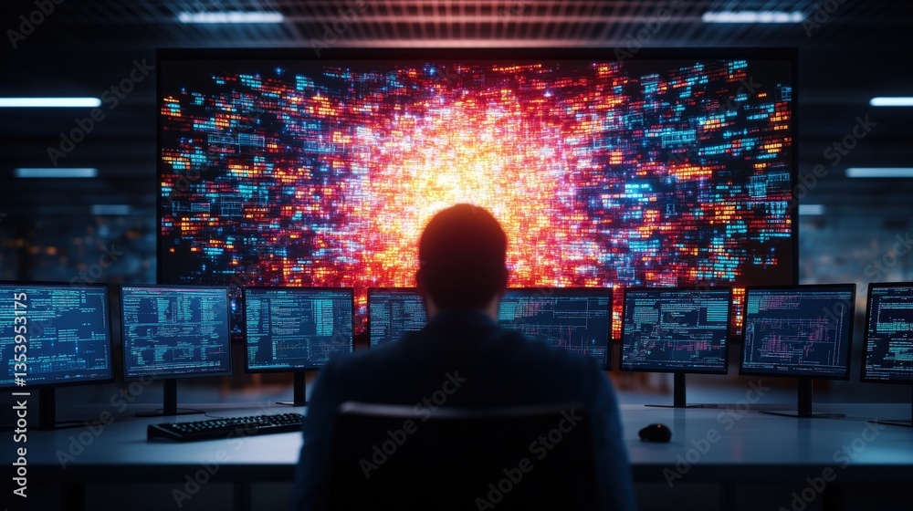 Aufkleber a person sits in front of a bank of computer monitors showing data streams gazing at a large screen 