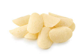 Many tasty potato chips isolated on white