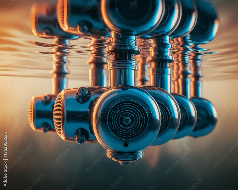 Poster Metallic spheres submerged in water, reflecting light, creating a symmetrical, technological, and abstract image showcasing industrial design or futuristic concepts
