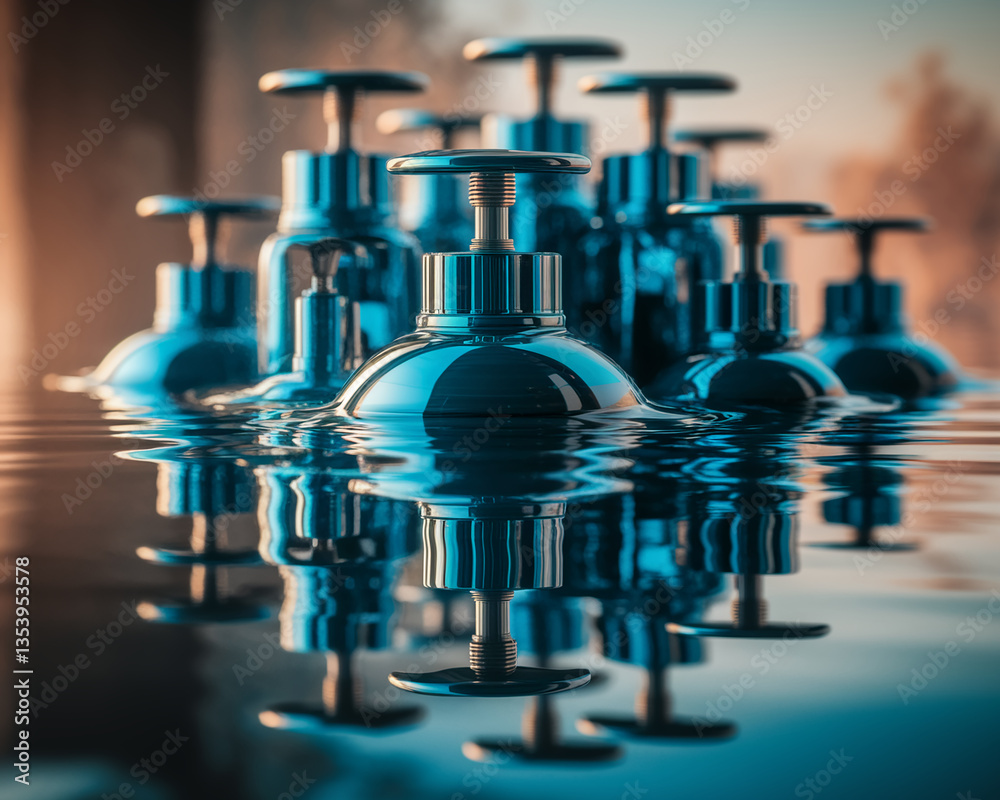 Poster Group of metallic blue valves floating on water, creating a symmetrical reflection.  Showcase of industrial design, symbolizing control and precision.