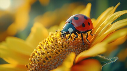 Ladybug on Sunflower in Summer Field