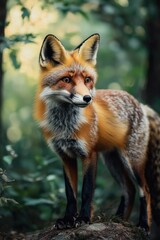 Fototapeta premium A red fox stands on a rock amidst the trees of the woods, looking out into the distance