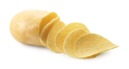 Tasty chips and sliced raw potato isolated on white