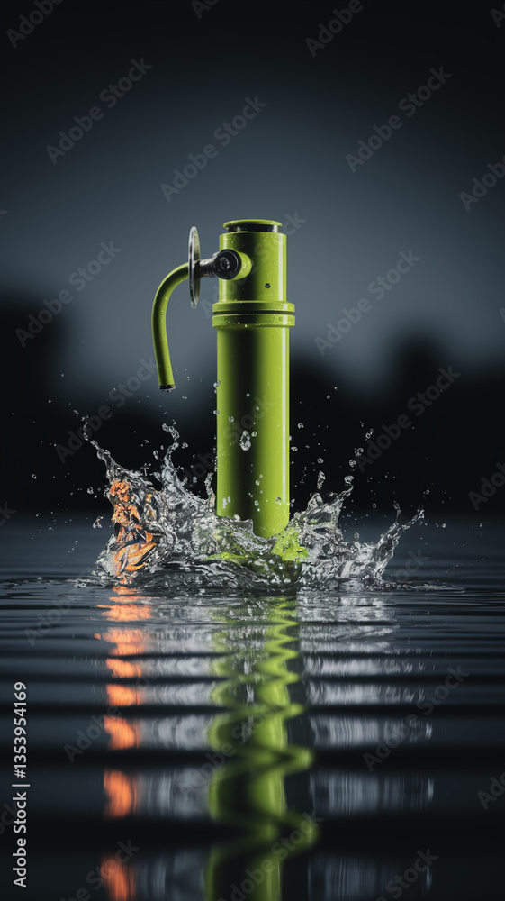 Poster lime-green cylindrical object in water, creating a splash; dark background, showcasing product desig