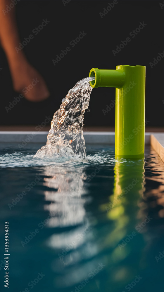 Poster Green pipe pouring water into teal pool, creating a small fountain effect.  Clean lines and simple design, showcasing tranquility and refreshment.