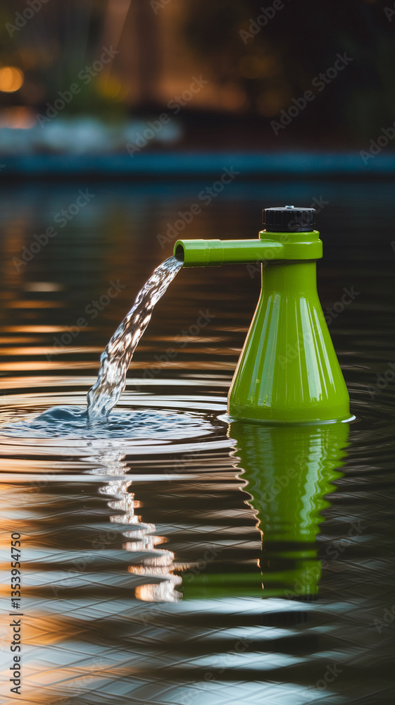 Poster green plastic bottle pours water into a pool, creating ripples on the surface, showcasing a concept 