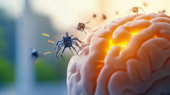 A swarm of tiny nanobot AIs diligently repairing damaged structures with precision and efficiency.