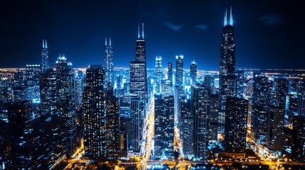 Fototapeta premium Night Cityscape Aerial View of Illuminated Skyscrapers and City Lights