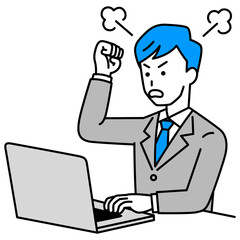 ノートパソコンの画面を見て怒っているスーツの男性