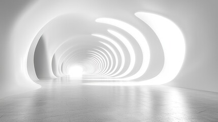Fototapeta premium Abstract white tunnel, glowing light, architectural design, futuristic background, perfect for technology presentations