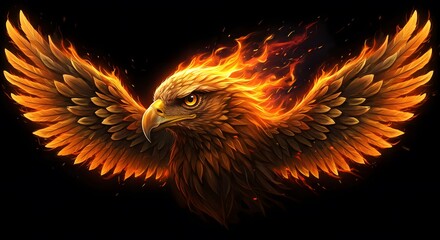 Fiery Eagle: A majestic eagle engulfed in flames, wings spread wide, against a dark background.  Digital art showcasing power and freedom.