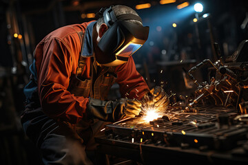 Welding workshop, a worker in a protective mask welds metal parts.