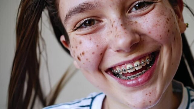 Happy smiling teenager cute freckled girl with dental retainer. Close up portrait. Beige background, natural day light. Smiling happy young girl with teeth brace
