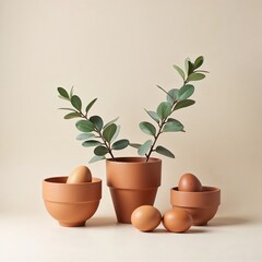 Fototapeta premium Minimalist Easter arrangement with terracotta pots, eucalyptus, and brown eggs on neutral backdrop, soft shadows
