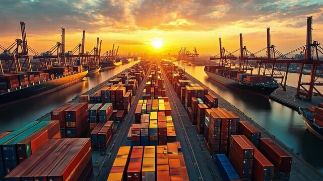 A Golden Sunrise at the Port: A stunning shot captures a bustling port at sunrise, with rows of shipping containers, cranes, and ships creating a dynamic scene.