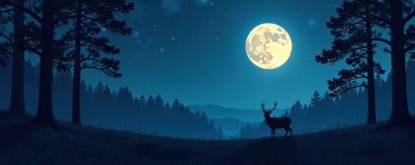 Dark forest landscape with deer silhouette against moonlit sky, outdoors, wildlife