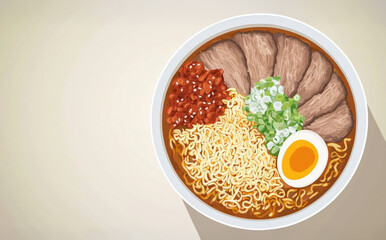 colorful bowl of ramen featuring noodles, sliced meat, green onions, and soft boiled egg, evoking sense of comfort