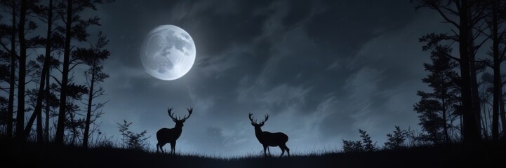 Naklejka premium Dark forest landscape with silhouette of a deer against moonlit sky, wildlife, animal