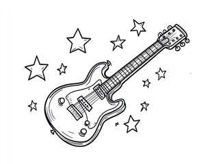 Electric guitar drawing, surrounded by stars. Simple line art style