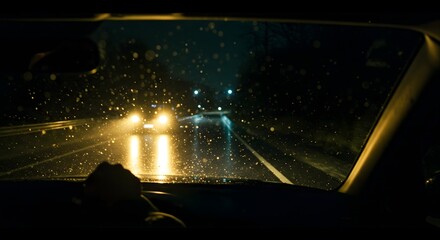 Driving at Night in the Rain with Cars Headlights on Road